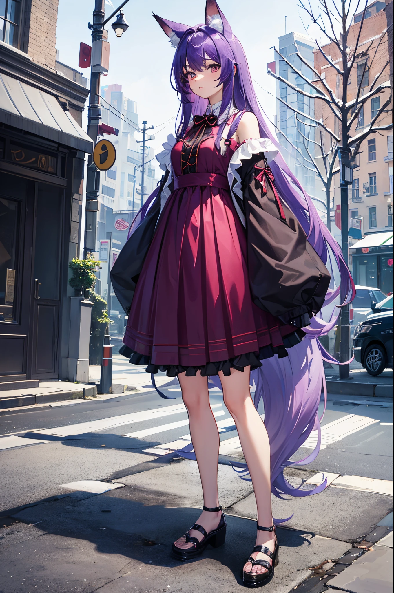 1 girl, long purple hair, fox tail, fox ears, maid's dress, standing on ground, high res, ultra sharp, 8K, masterpiece