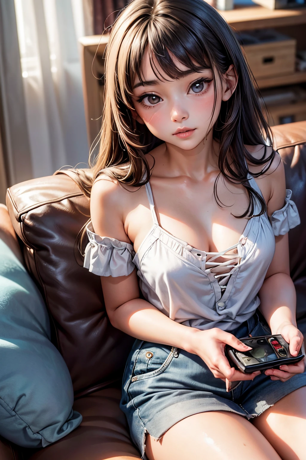a close up of a woman sitting on a couch with a remote control, young and cute girl, 19-year-old girl, cute young girl, sexy face, she has a cute face, pokimane, sexy look at the camera, good young girl, young cute face, 18 years old, she is facing the camera
