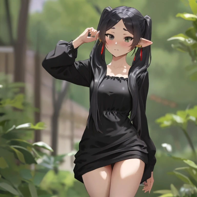 Frieren, twintails, earrings, small tits, short black dress, embarrassed, sexy pose,