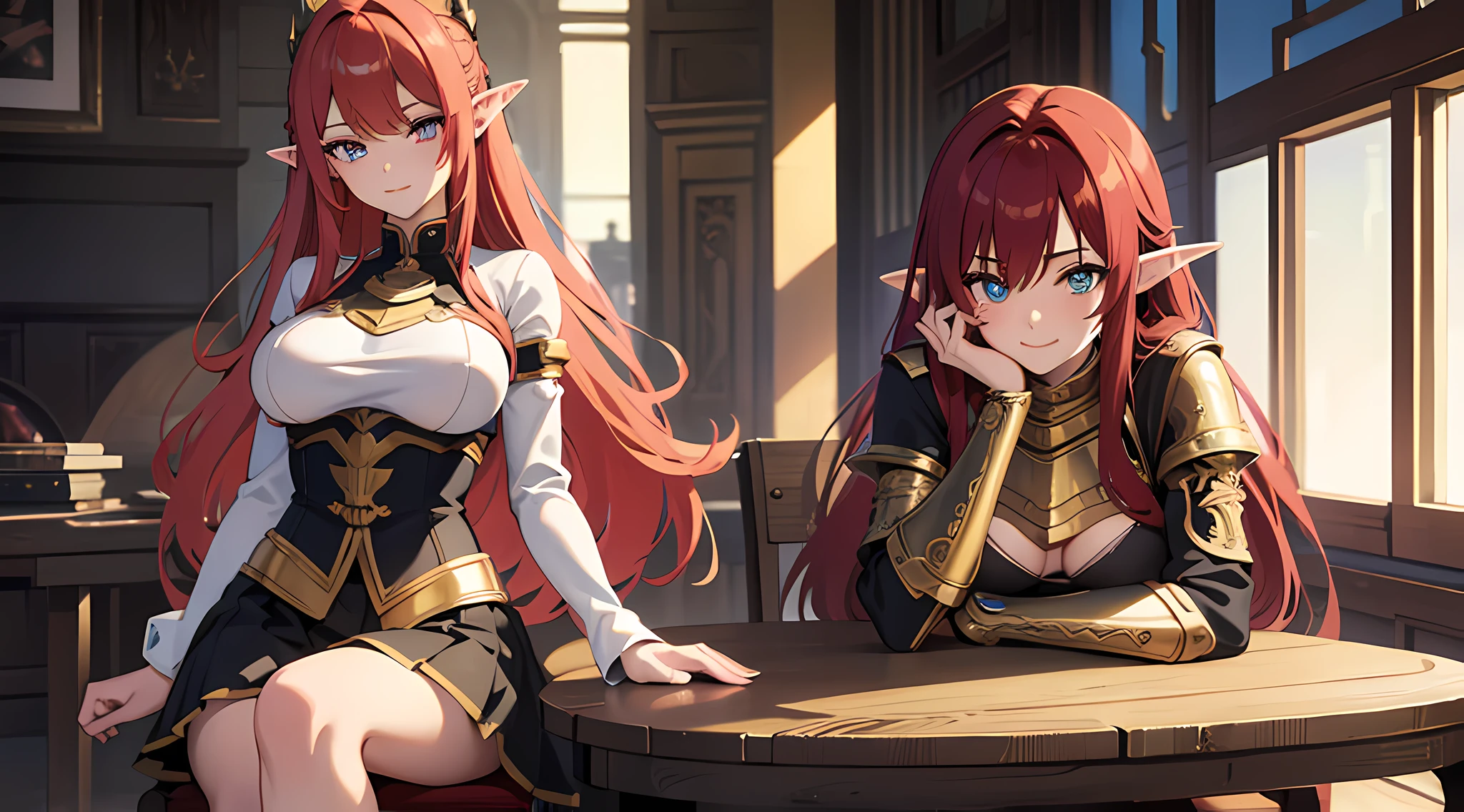 3 elf girl, posing for a picture, sitting on chair and put her boobs on the table, (red hair), blushed face, battle knight suit, breast plate, long skirt, big breast, a picture by void_0, pixiv, anime girls, seductive smile, (beautiful detailed eyes:1.6), extremely detailed face, perfect lighting, extremely detailed anime illustration, (perfect hands, perfect anatomy),