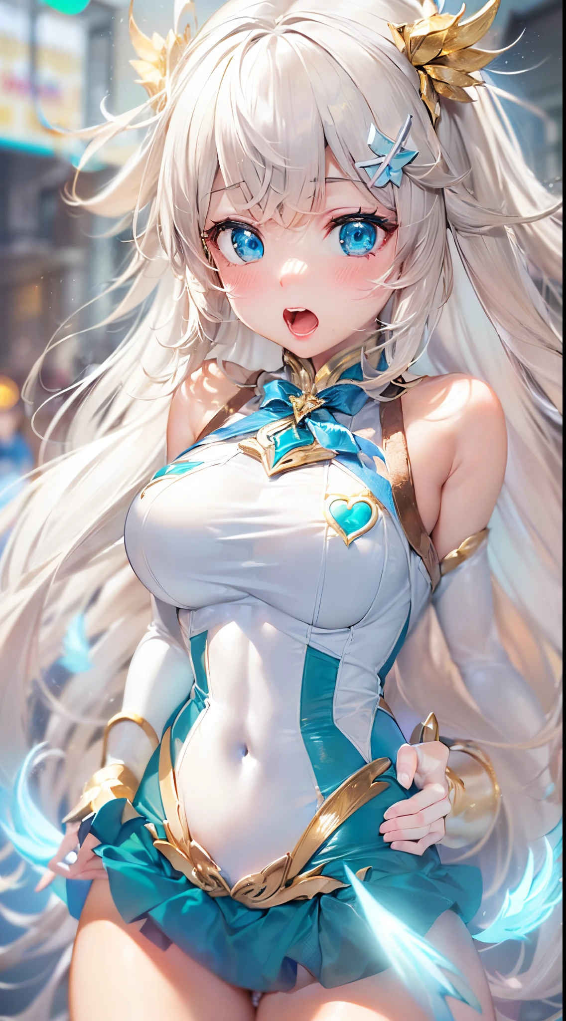 1womanl,Golden head hair,ar old Impatient expression)),Beautiful breasts,(((sexy magical girl white and blue bodysuit)))(())(((Blushing cheeks、Surprised look)),((())),((( portlate))),Blue eyes,(((Bangs are aligned)))()Street,Crowds(magical girl hair ornament)