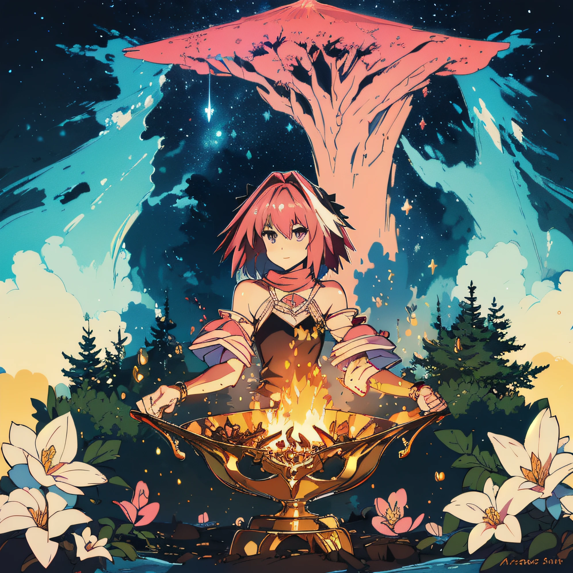 bonfire, starry sky, blooming effect, stylish art, extremely detailed, concept art, , (fantasy art:1.4),summer style, trees and bushes, thick mist, Fantasy ambience, colorful color palette, (looking at viewer), (close-up),((astolfo)),(mystical),casting spells
