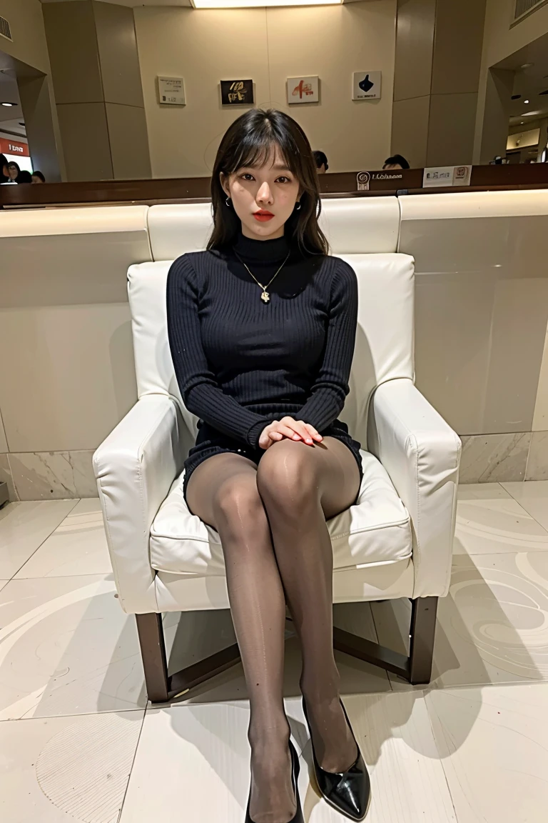 wavy and long hair,heavy makeups,Redlip,white skinned,mature, legs long,The whole body can be seen,Ultra-thin flesh-colored pantyhose,In luxury shopping mall,Have a well-proportioned figure,Skin color pantyhose,Temperament long sleeves,legs long,Student skirts,through bangs