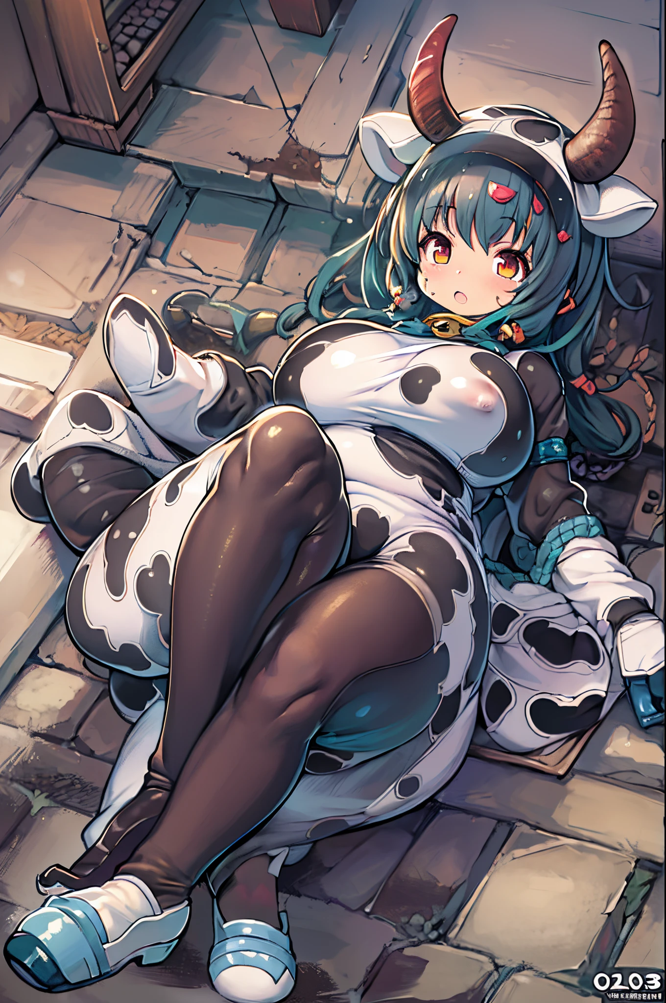 masutepiece、Anime girl in a cow suit lying on the ground, oppai, Chic, Seductive Anime Girl, full body commission for, [ 4 k digital art ]!!, small curvy loli, XQCOW, Ecchi, render of april, huge-breasted, Negao, biomechanical oppai, Commission for high resolution, anime moe art style