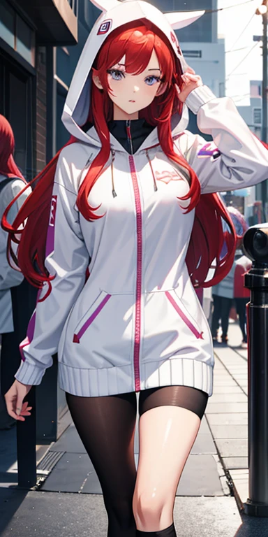 Woman, red hair, purple eyes, white small jacket hooded, curvy figure, anime character, high quality, 4k, 8k, realistic
