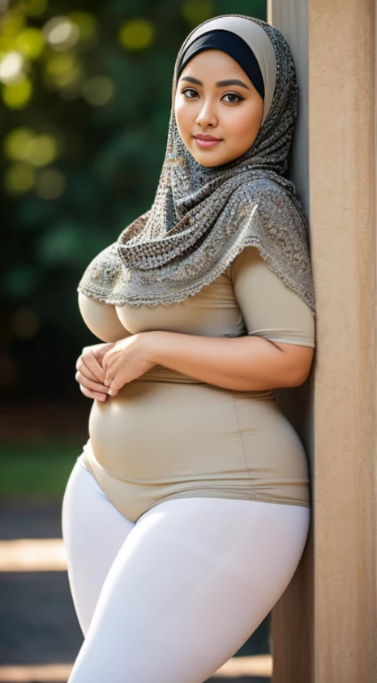 Photorealistic, beautiful young chubby girl, Egyptian, gorgeous cute face, soft facial features, wearing a hijab, shockingly overweight 18 year old girl, smiling, plus size model, curvy, bottom heavy, morbidly obese, wide hips, large fat thighs, cellulite ridden thighs, large wide fat sagging belly, deep belly button, flabby upper arms, naked, whole body image