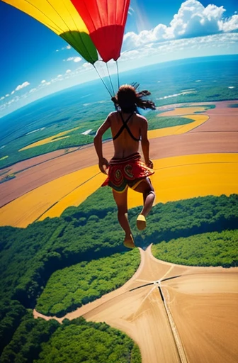 Brazilian indigenous people jumping with a colorful parachute  flying over the Amazon rainforest