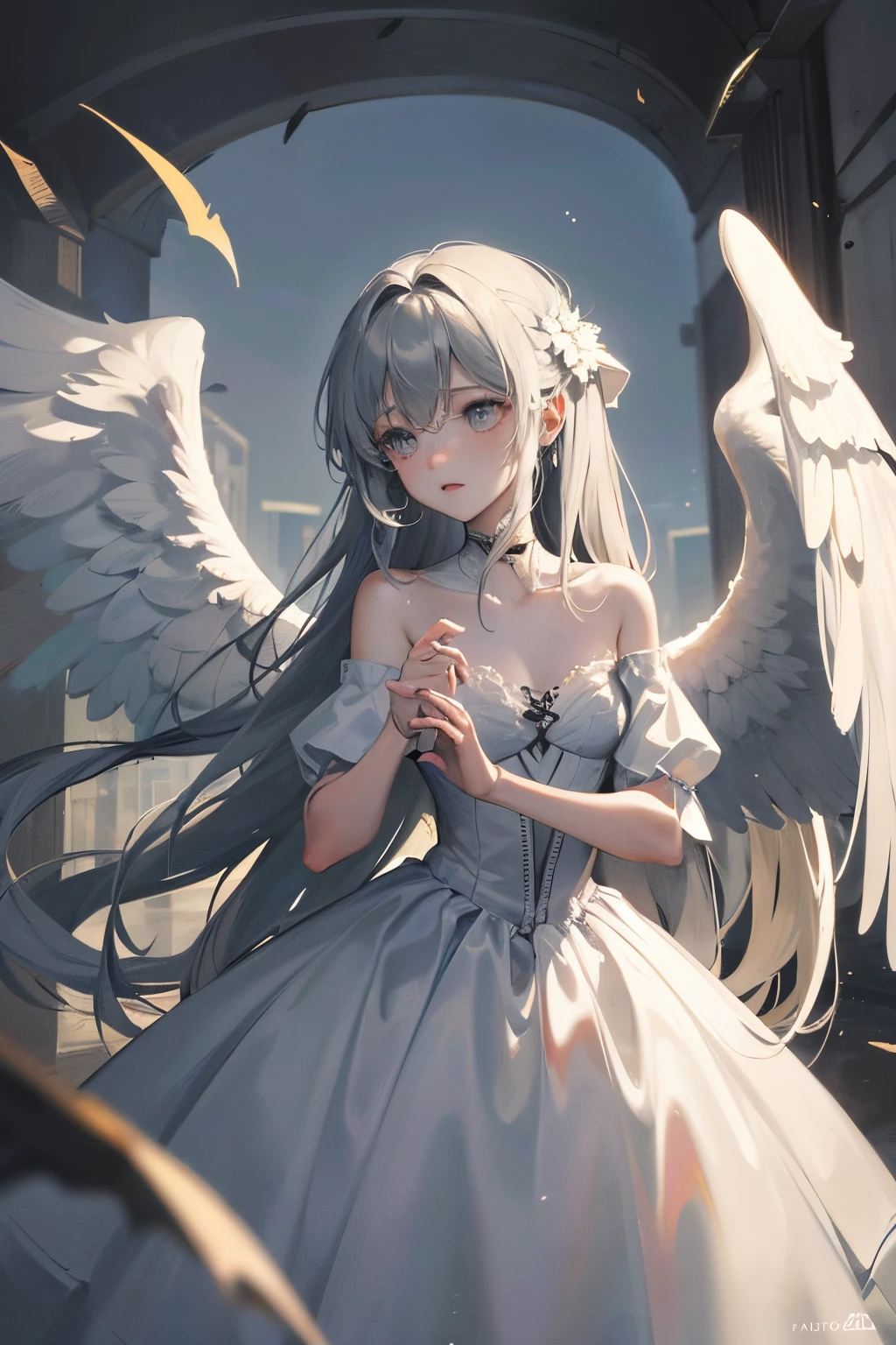 I can't give up when the angel breaks his wings and falls, I can't give in when all is lost,I'll take you with me when daylight ends,We will live forever The gray sky will drive out the light I won't fight anymore Now only the darkness will remain divided Forever I will stand up I will make this end