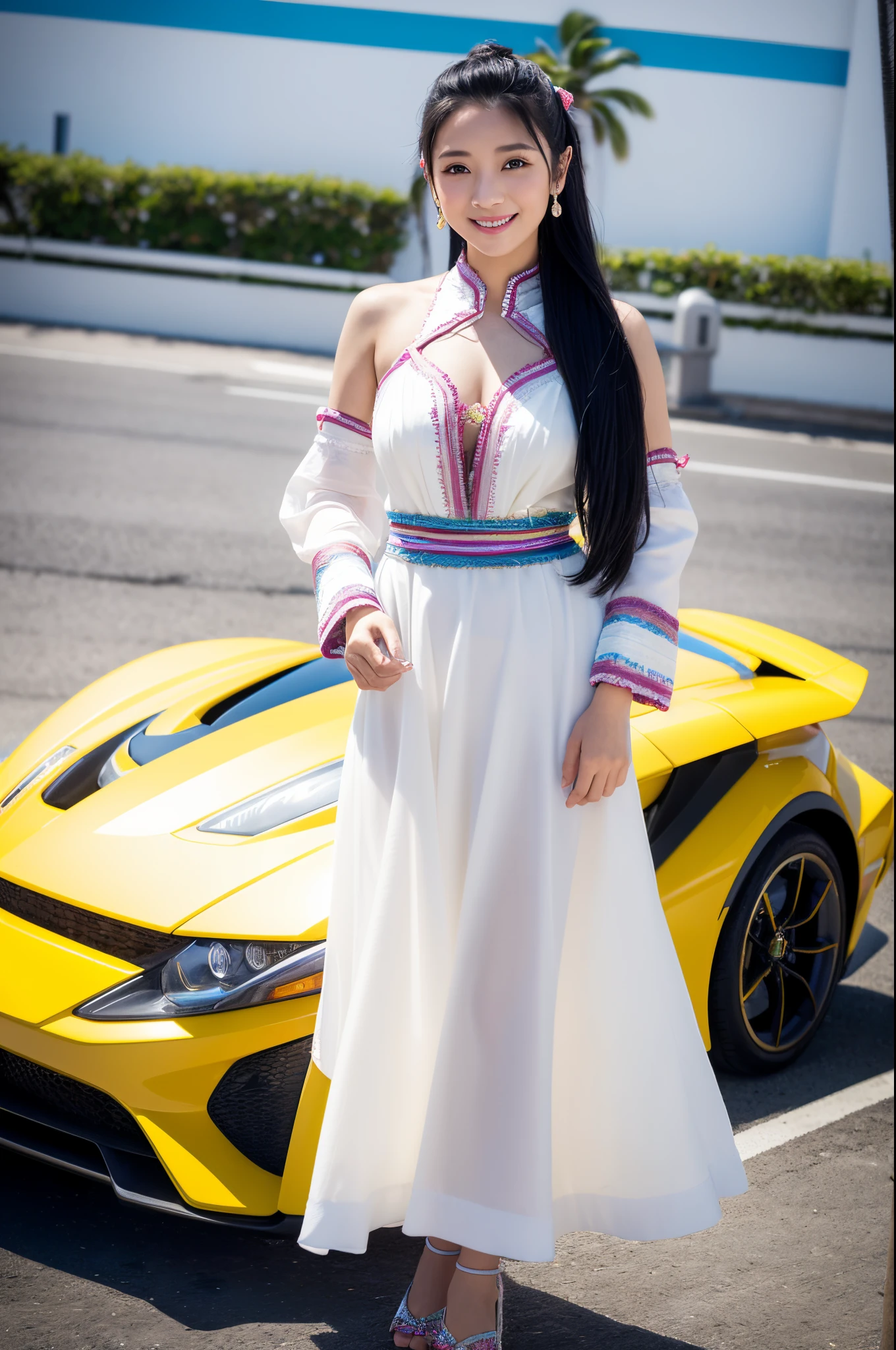 Octane Render、(Hyper-detailing: 1.15)、(Soft light、sharp: 1.2)、morning、A girl poses in front of colorful EVs in a parking lot by the sea, Traditional costumes、Distinctive ethnic hair ornaments、Characteristic ethnic shoes、 Fuji Film, F/4.0, masutepiece, Anatomically correct、A smile, radiant light