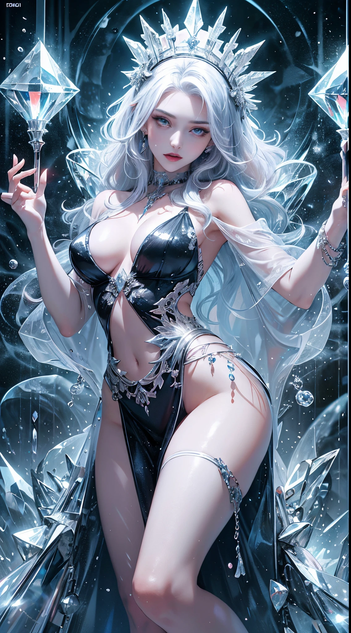 illustration, woman, blue lipstick on lips, cinematic lighti, highest quality, ultra detailed realism, detailed face, detailed eyes, best quality, hyper detailed, Works Prima, Masterpiece, Top Quality, Best, Official Art, Beautiful and Aesthetic, Long Exposure: 1 leggy and thin woman, broad and delicate shoulders, medium breasts, Charming Patterns, Icy witch woman, White , eyes covered by a veil made of ice,  Her body is covered with pieces of ice detailed in a beautiful black dress, witch, winter, ice throne, witchcraft, Tone of Magic in Blue, strong glow in neon blue, queen, majesty, in the background a blizzard covering the environment. Front portrait, full body.