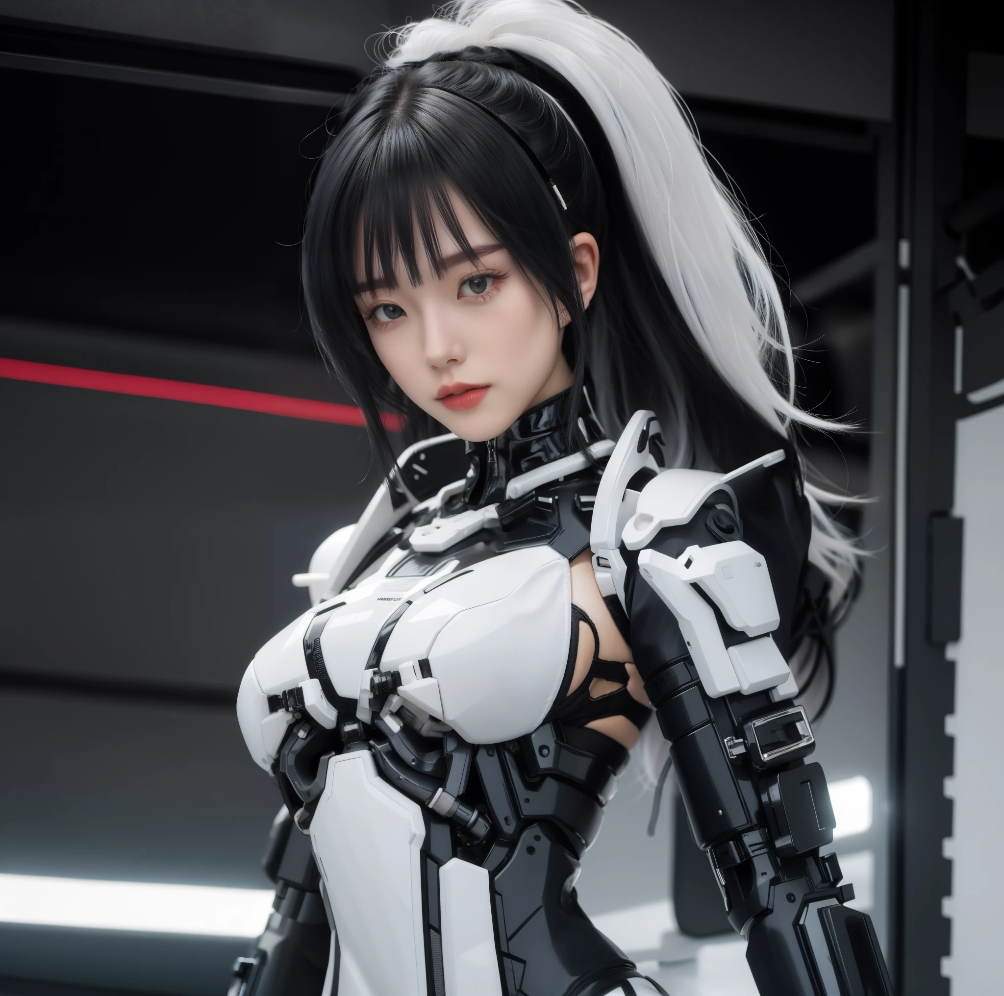 Beautiful Face,Face is Japan, 1 Woman, Big, Curvaceous, (8k, RAW Photo, Best Quality, Masterpiece: 1.2), (HDR, Realistic, Photorealistic: 1.37) (Blood vessel attached to tube), (Bikini Cyborg Robot Parts)))), (Light Grey Hair), Long Hair, Wavy Hair, Twin Tails, Medium Shot, ( Seductive smile)), (black eyes), princess cut,from below,(whole body),posing,,inside the lab,( blood vessel connected to a tube),((mechanical vertebrae attached to the back)),((mechanical neck attached to the neck)),(wire cable attached to the head and body),(character focus),science fiction,perfect female figure,perfect anatomy,ultraanatomy, Full body shot,