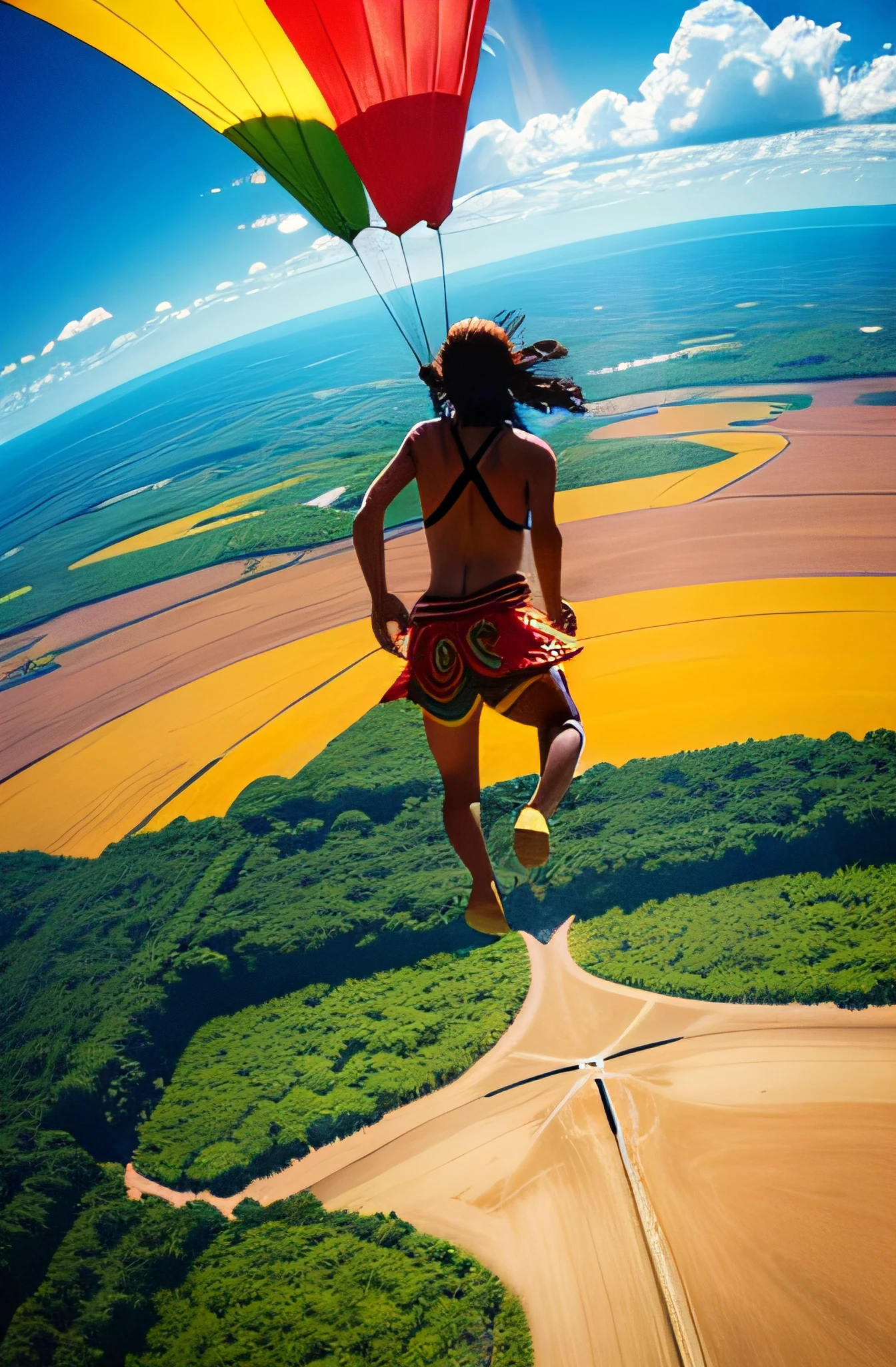 Brazilian indigenous people jumping with a colorful parachute flying over the Amazon rainforest
