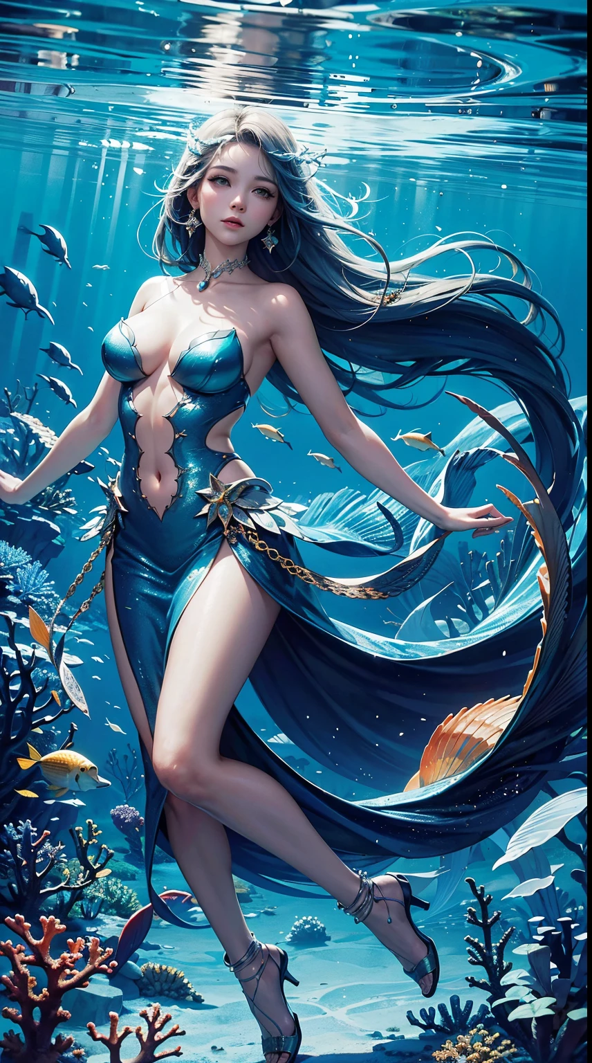 Best quality at best,4K,8K,A high resolution,tmasterpiece:1.2,ultra - detailed,actual:1.37,Vast seabed,(depth of fields),(Long, flowing hair,Elegant mermaid,end,Seamless integration),EtherealBeauty,peaceful,tmasterpiece:1.2,tropical fishes,Floating jellyfish,Colorful coral reef,Diverse marine life。vivd colour,Fantastic lighting.