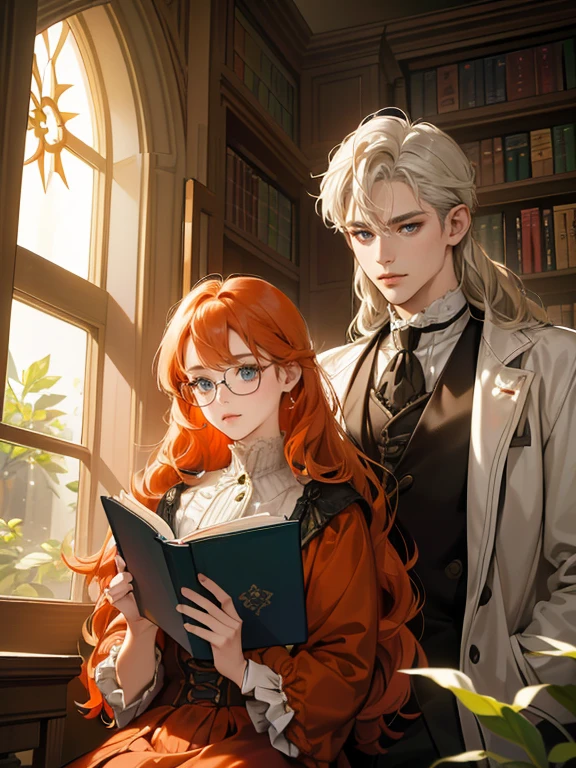 (absurdres, highres, ultra detailed)(couple reading book together in the library)(1 female, 1 male),(1 female with red-orange hair, long wavy hair without bangs, green eyes)(1 male with short white hair, blue eyes, wearing eyeglasses, )(background: warm lighting from windows, victorian library)