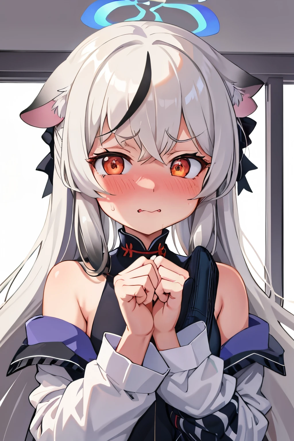 shy, embarrassed, blush, closed mouth, bright pupils, glint, red lips, nose blush, cat ears, longeyelashes, slit pupils, wide eyes, amber eyes, shiny hair, long hair, silver hair, high detail, anime, anime style, depth of field, cinematic lighting, ray tracing, masterpiece, accurate, anatomically correct, super detail, high details, high quality, best quality, highres, 4K