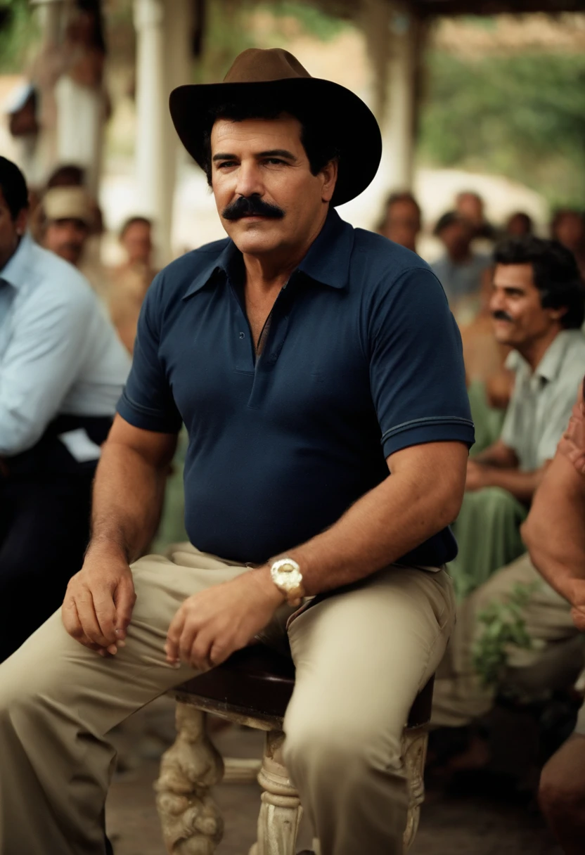 A photo of Escobar and his crew at a local community center, hosting a talent show for the residents,original,Pablo Escobar, the infamous Colombian drug lord and leader of the Medellín Cartel, was often recognized for his stout build and mustachioed face. He typically dressed in casual attire, favoring simple polo shirts and slacks, which contrasted sharply with his immense wealth and power. His dark, brooding eyes and stern expression often gave him an intimidating presence, a reflection of his formidable status as one of the world’s most notorious criminals.