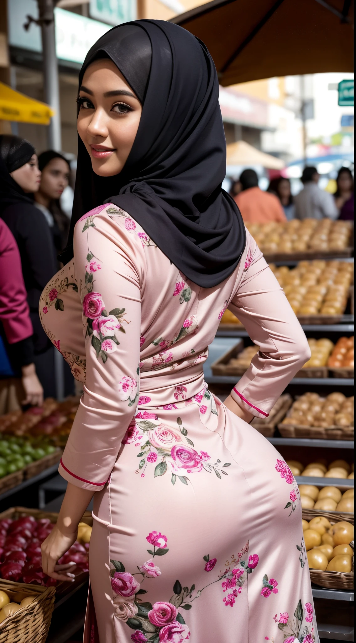 RAW, Best quality, high resolution, masterpiece: 1.3), beautiful Malay woman in hijab (iu:0.8),woman standing on the market, beautiful design, wearing a beautiful tight baju kurung, beautiful clothes, very beautiful style, floral patterned dress, beautiful masterpiece, beautiful dress, wearing a graceful dress, very beautiful masterpiece, fine details, beautiful dress, full dress closed, very beautiful and graceful, very detailed, big breasts, round buttocks, from behind, (looking at the audience, looking back, facial details, double eyelids, smiling)