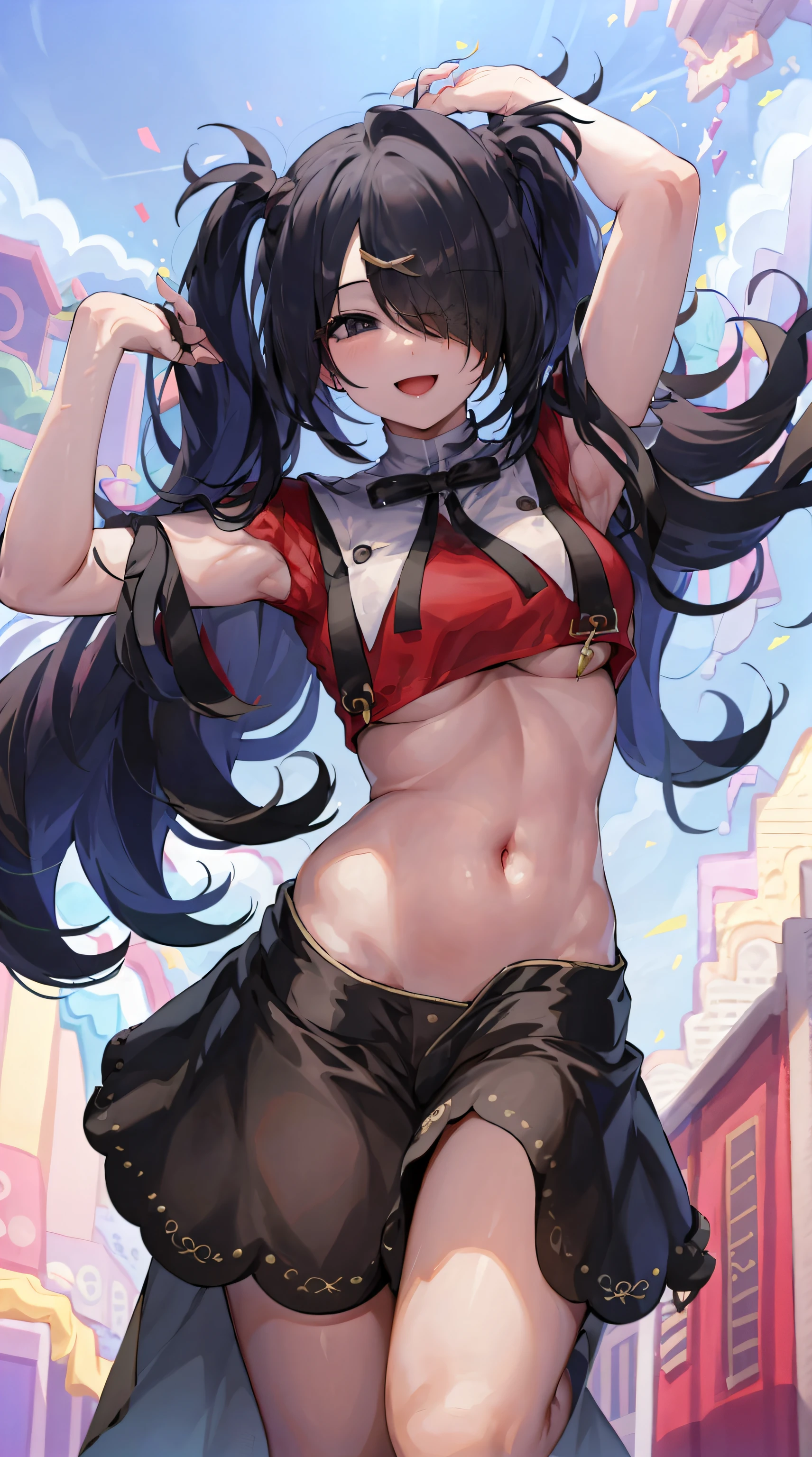 masterpiece, best quality, 1girl, solo, ame-chan, midriff, bare stomach, chubby stomach, black skirt, standing, light smile, happy, sky background, perfect hands, perfectly draw hands