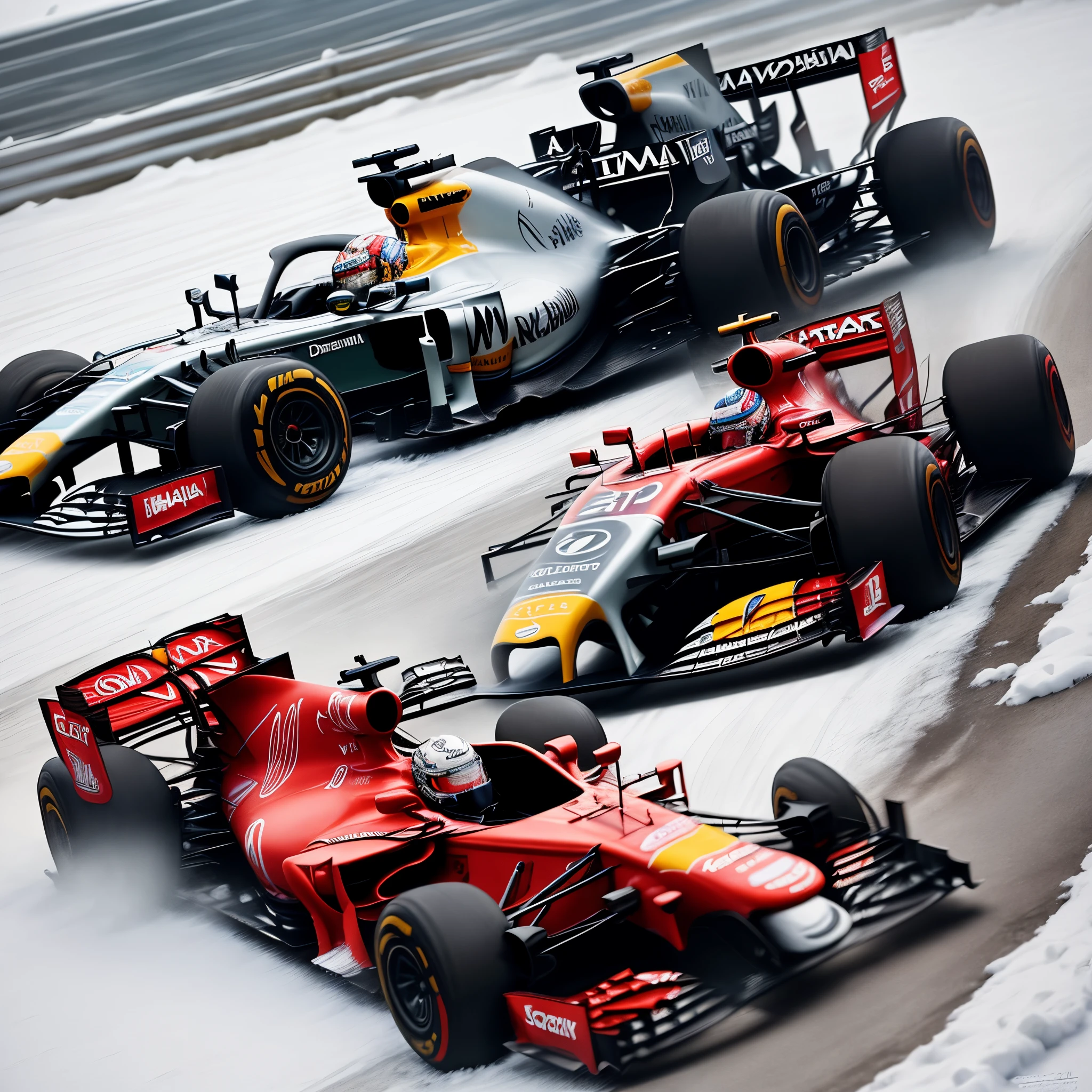 Draw a f1 car driving in the snow