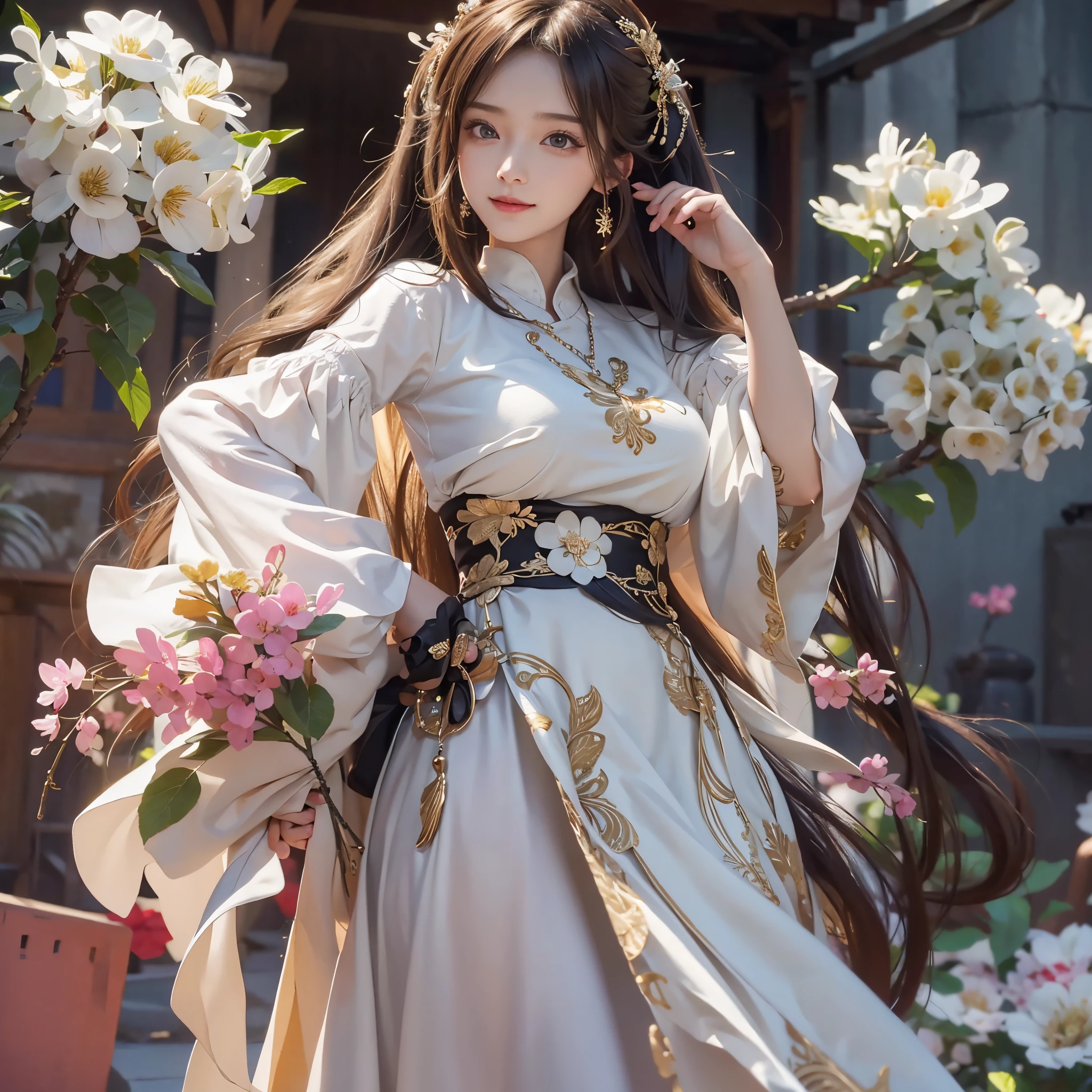 8K Ultra HD, masutepiece, Best Quality, beautiful Girl, Long hair, Impressive hairstyle, beautiful hair decoration, girl, ssmile, A sexy, large boob, lighting like a movie