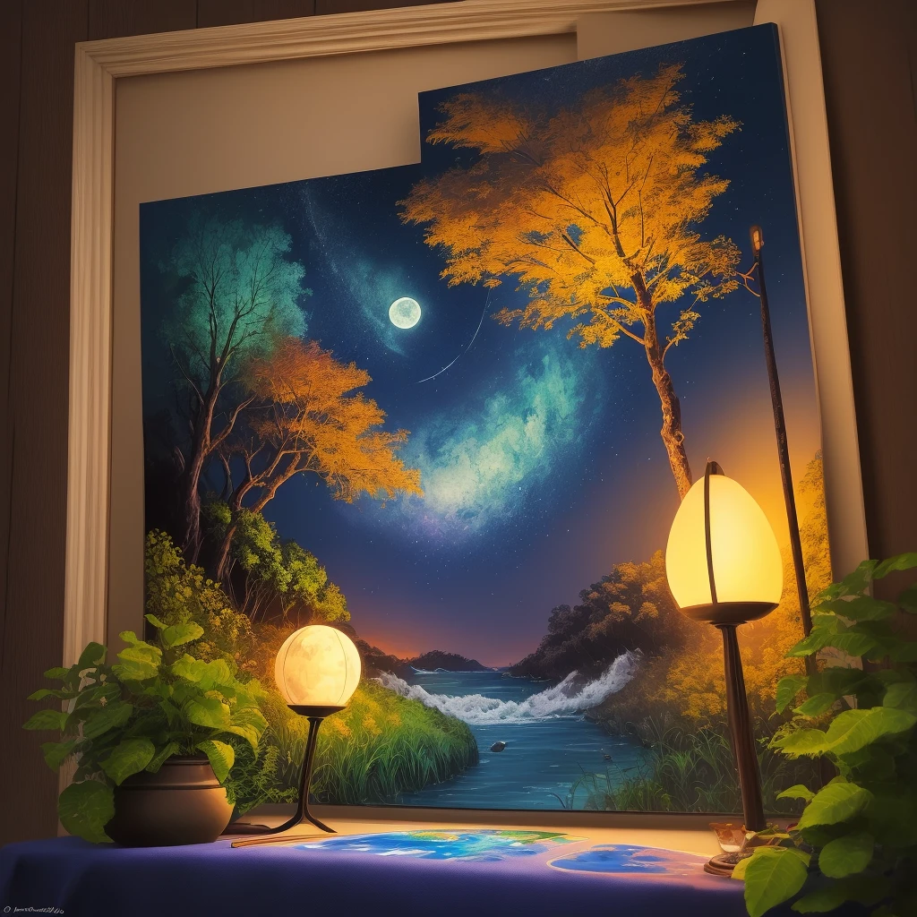 Pintura, natureza, arte, lua, noite.