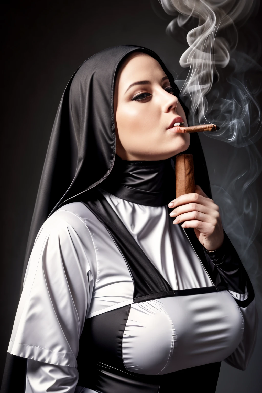 nun with a cigarette in her mouth, nun outfit, thick dark smoke!, nun fashion model, nun, smoke coming out of her mouth, while smoking a cigar, gothic girl smoking, angelawhite, an evil nun, with cigar, inspired by Master of the Legend of Saint Lucy, nun fashion model looking up, smoking a big cigar, sexy look at the camera