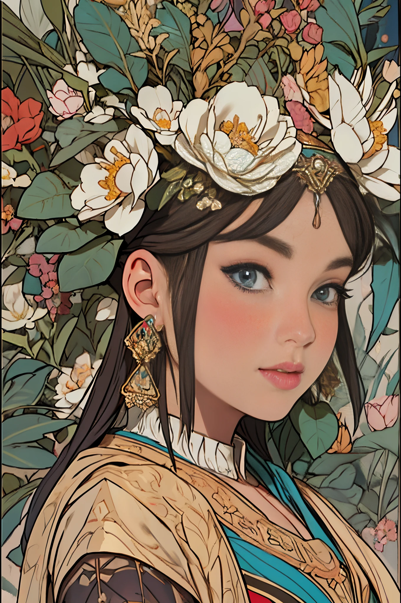 paint a decorative painting,little prince wearing crown,3 year old boy,Childish face,Bright and harmonious colors,(Decorative painting:1.6),dressed in:Exquisite and noble robe,Elaborate Eyes,delicated face,Large breasts, Large breasts,elaborate earrings,simple backgound,Lots of flowers around,flowers blooming,A sea of flowers,(tangled,datura,Tangles,entangled), (s fractal art: 1.3),simple backgound,Upper part of the body,