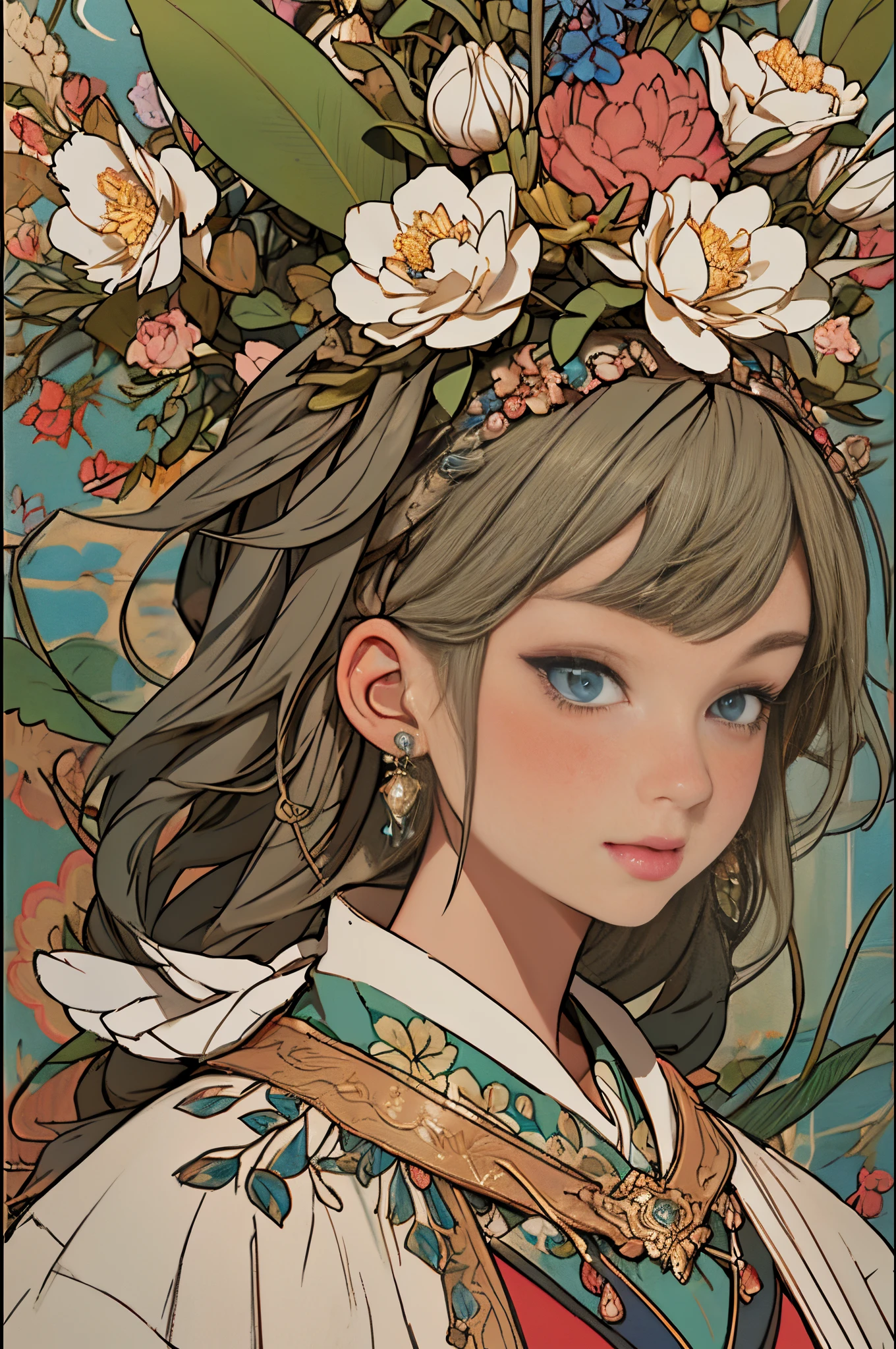 paint a decorative painting,little prince wearing crown,3 boy,Childish face,Bright and harmonious colors,(Decorative painting:1.6),dressed in:Exquisite and noble robe,Elaborate Eyes,delicated face,Large breasts, Large breasts,elaborate earrings,simple backgound,Lots of flowers around,flowers blooming,A sea of flowers,(tangled,datura,Tangles,entangled), (s fractal art: 1.3),simple backgound,Upper part of the body,