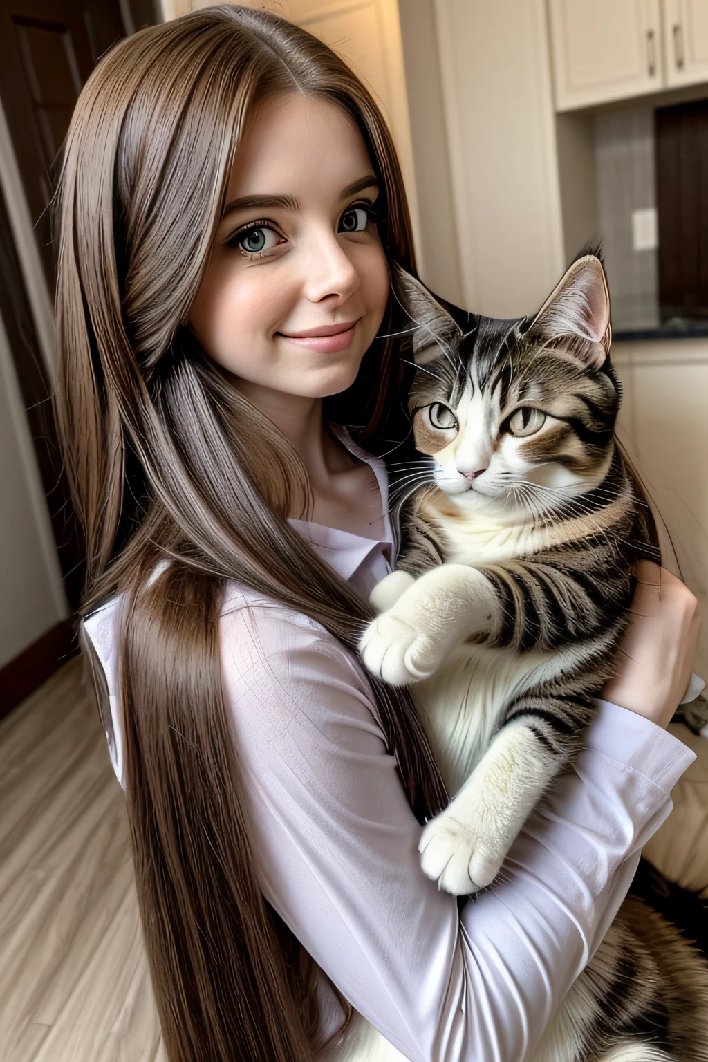 araffe with long hair holding a cat in her arms, big cheeks holding her cat, she is holding a cat in her arms, holding a cat, she has a cute face, with small cat on lap, beautiful young catgirl, better known as amouranth, very beautiful cute catgirl, amouranth, with cats on her side