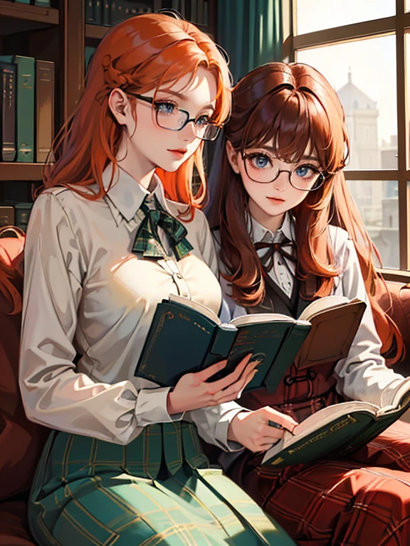 (absurdres, highres, ultra detailed)(couple wearing brown plaid uniform, reading book together in the library)(1 female, 1 male),(1 female with red-orange hair, long wavy hair without bangs, green eyes)(1 male with short white hair, blue eyes, wearing eyeglasses, )(background: warm lighting from windows, victorian library)