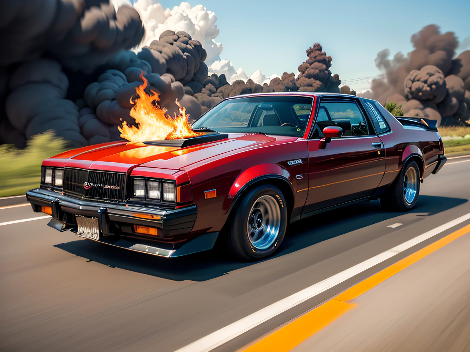 photo of a running 1987 Buick Grand National on fire, This car is on fire, It's on fire, queimando, pegando fogo no motor, chamas lindas e fortes, fire on engine, tires on fire, fogo em toda parte, black opaque glass