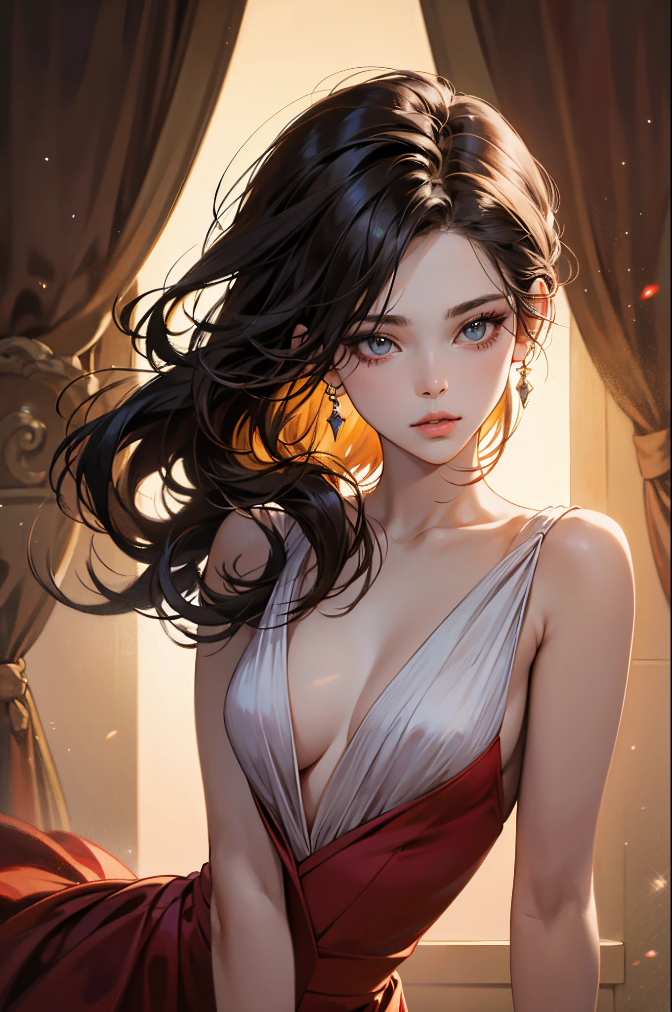 vivid colors, sharp focus, fine details, oil painting, studio lighting, graceful pose, detailed lips, elegant hairstyle, dreamlike background