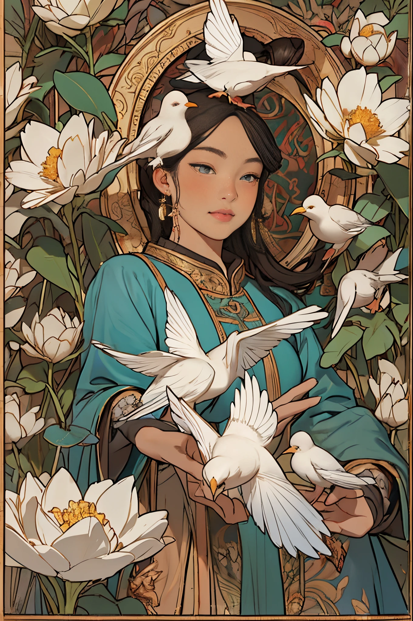 The little prince and the white dove,3 year old boy,Childish face,Bright and harmonious colors,(Decorative painting:1.6),dressed in:Exquisite and noble robe,Elaborate Eyes,delicated face,simple backgound,Lots of flowers around,flowers blooming,A sea of flowers,(tangled,datura,Tangles,entangled), (s fractal art: 1.3),simple backgound,