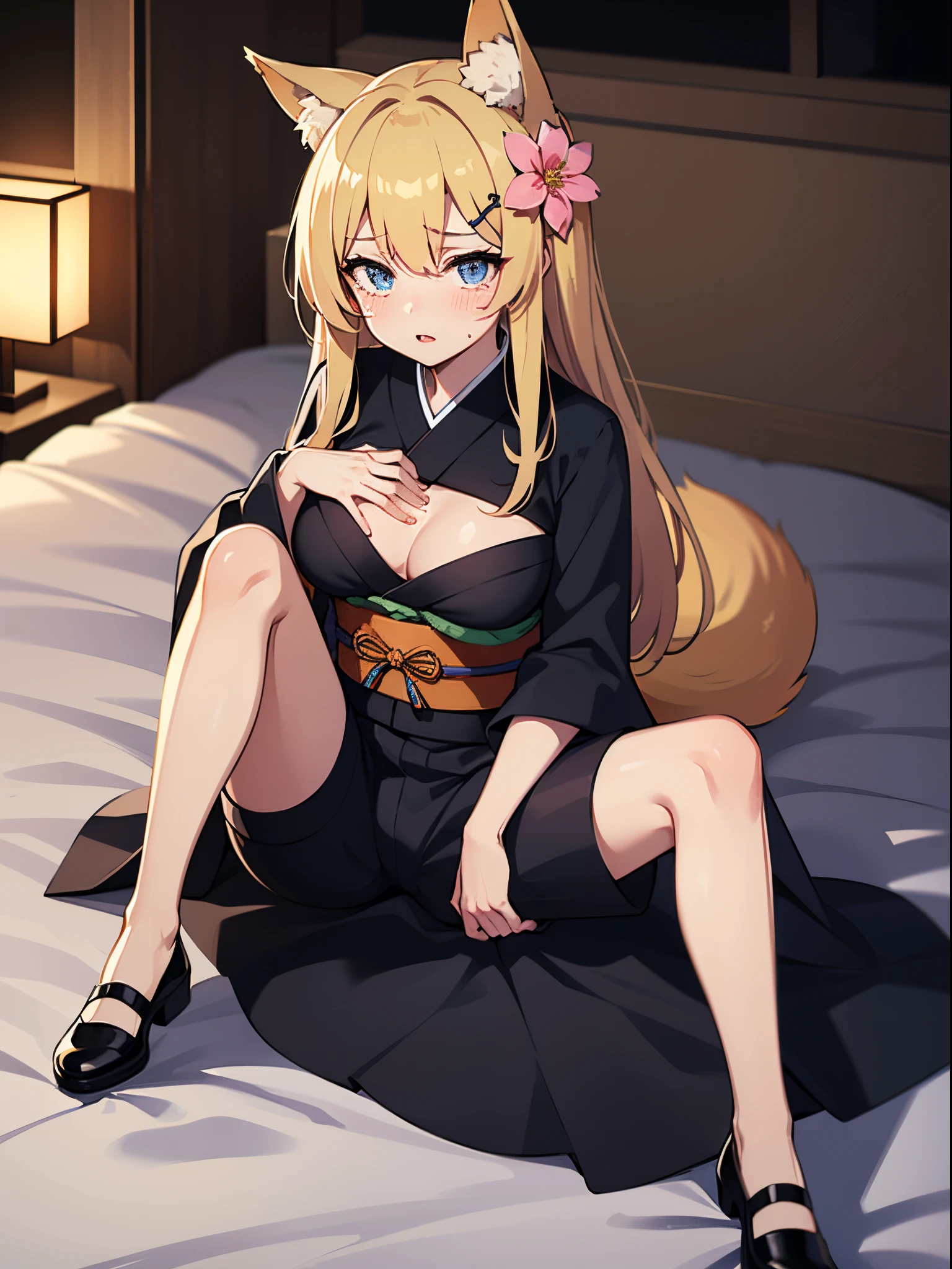 masutepiece, Best Quality,hair flower sketch, flower, Hair Ornament, 1girl in, Animal ears, Blue eyes, white blossoms, Long hair, Solo, Black footwear, Looking at Viewer, blush, Long sleeves, animal ear fluff, Blue hair, Parted lips, Bangs, Komono, Full body, extra ear, Hair intake, Shorts, sash, all-fours, Kimono, hair between eye, Fox ears, Crying, Screaming, Blonde Shorthair, medium breasts, , in bed, touch breast, Touch Crotch, cunt, Yor, Thought-provoking fluids, Bridge Pose, Female ,