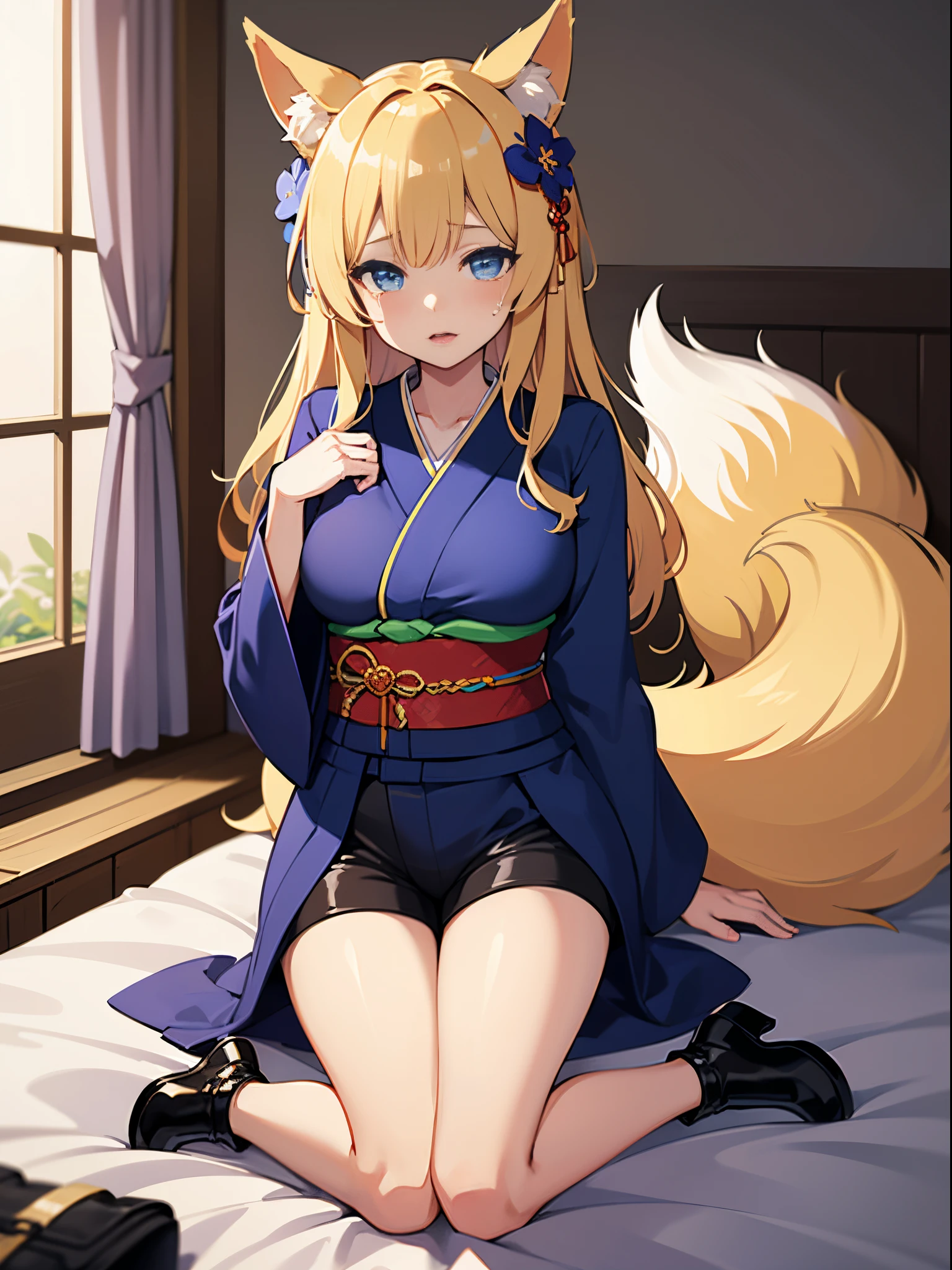 masutepiece, Best Quality,hair flower sketch, flower, Hair Ornament, 1girl in, Animal ears, Blue eyes, white blossoms, Long hair, Solo, Black footwear, Looking at Viewer, blush, Long sleeves, animal ear fluff, Blue hair, Parted lips, Bangs, Komono, Full body, extra ear, Hair intake, Shorts, sash, all-fours, Kimono, hair between eye, Fox ears, Crying, Screaming, Blonde Shorthair, medium breasts⁩, , in bed, touch breast, Touch Crotch, cunt, Yor, Thought-provoking fluids, Bridge Pose, Female ,