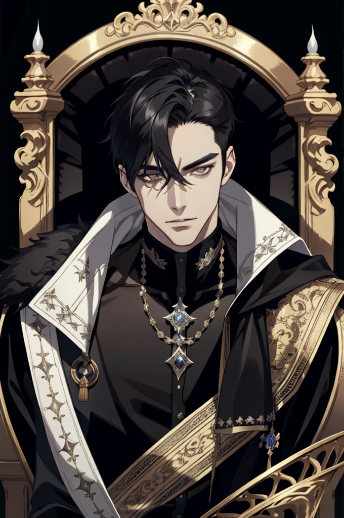 (absurd, high resolution, ultra detailed), 1 man, adult, handsome, tall and muscular boy, broad shoulders, finely detailed eyes and detailed face, long black hair, onyx colored eyes, fantasy, magnificent background,shadow effect, throne, magic effect, flame