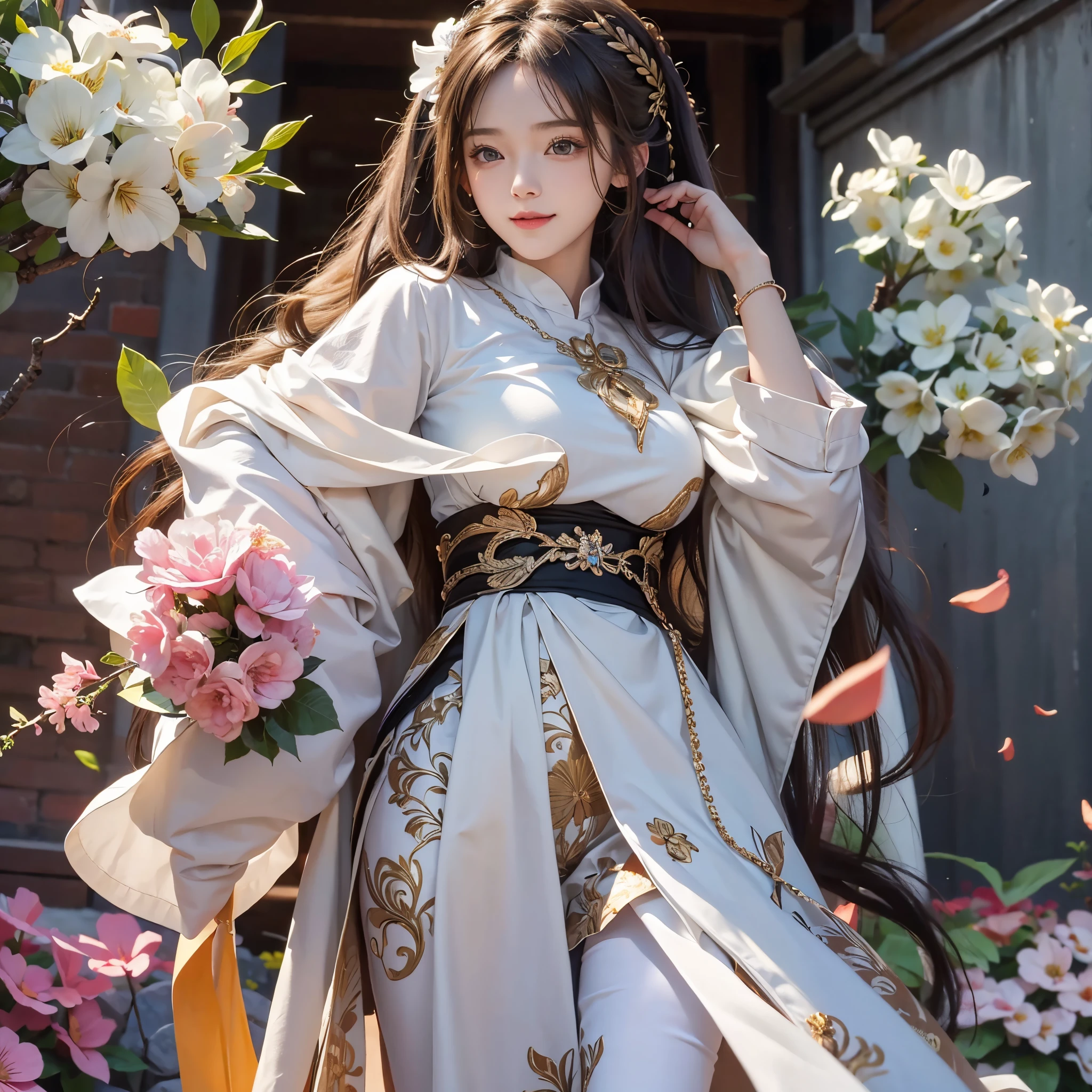 8K Ultra HD, masutepiece, Best Quality, beautiful Girl, Long hair, Impressive hairstyle, beautiful hair decoration, 17 years old girl, ssmile, A sexy, large boob, lighting like a movie