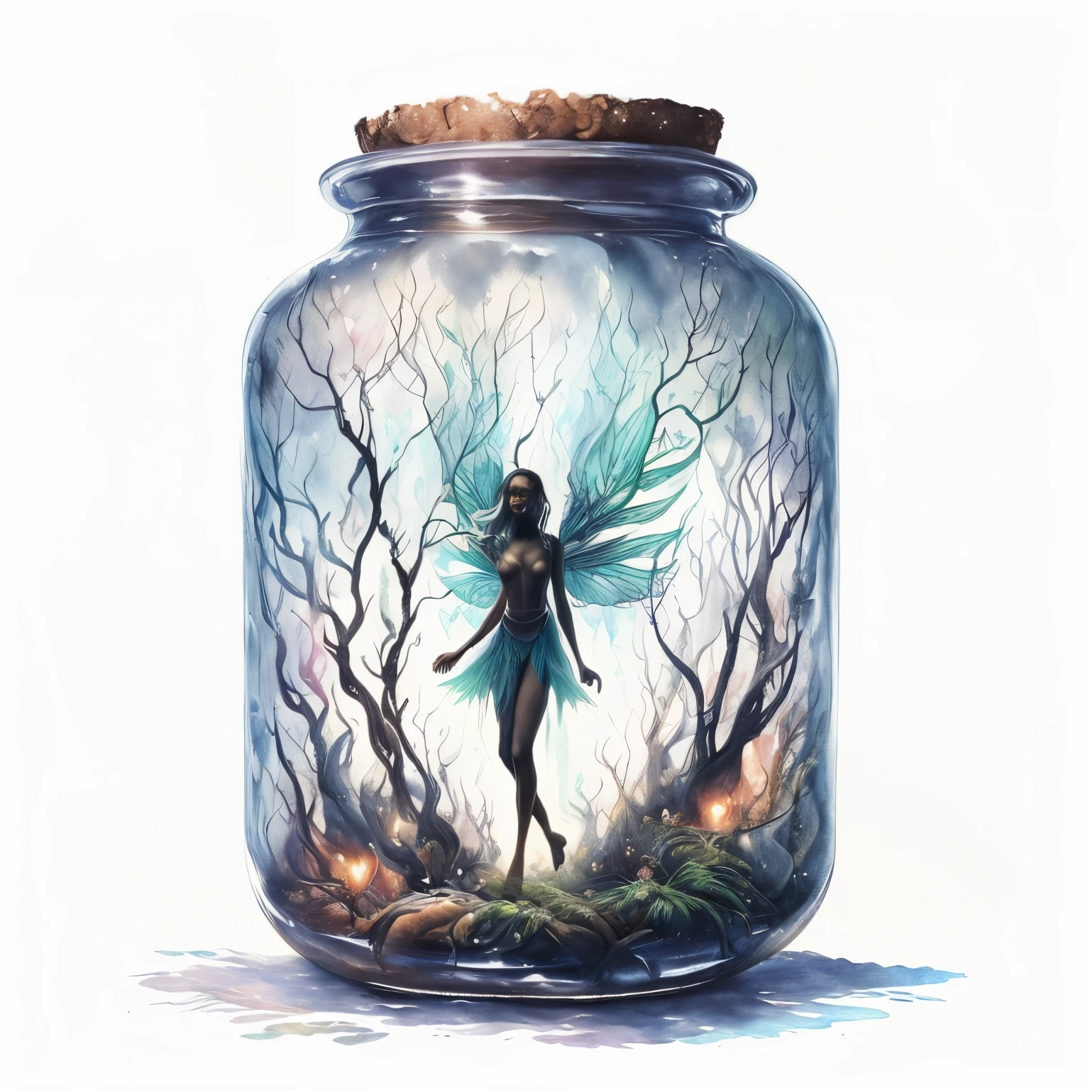 there is a fairy in a jar with a fairy inside, a beautiful artwork illustration, butterfly in jar, realistic fantasy illustration, by Yuumei, faerie, dreamscape in a jar, fantasy art illustration, fantasy illustration, high fantasy illustration, fantasy illustrations, wide angle fantasy art, fantasy art style, fairytale artwork, by Eugeniusz Zak, detailed fantasy illustration with a boy