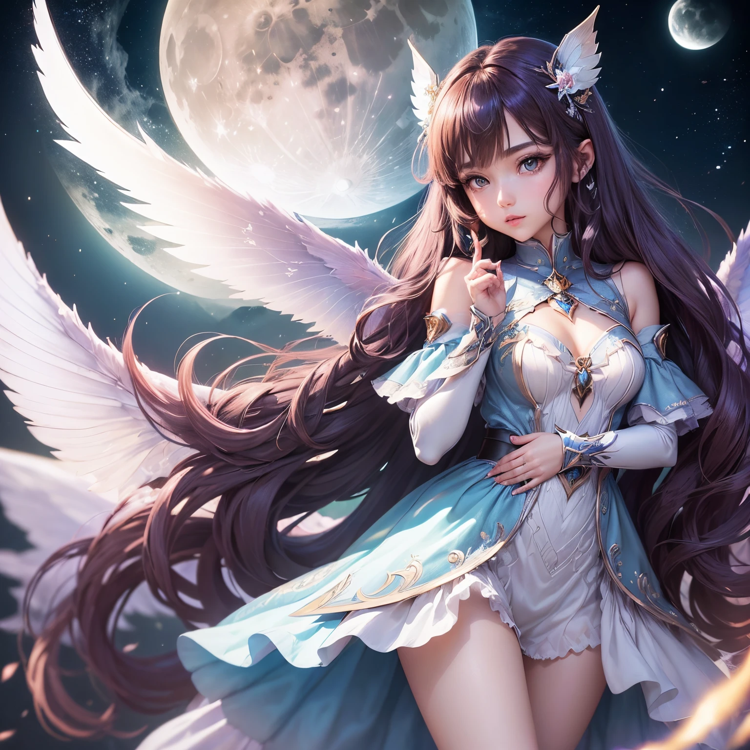 SEX、A sexy、teats、Beautie、((​masterpiece))、detail portrayal、seductive succubus、Fantastic beauty、Float above the clouds、(fantasy illustrations:1.3)、Pose Seductive、Delicate wings、Otherworldly charm、mystical sky、(Yoshitaka Amano:1.1)、Moon Night、Soft colors、(detailed cloudscape:1.3)、(hight resolution:1.2)