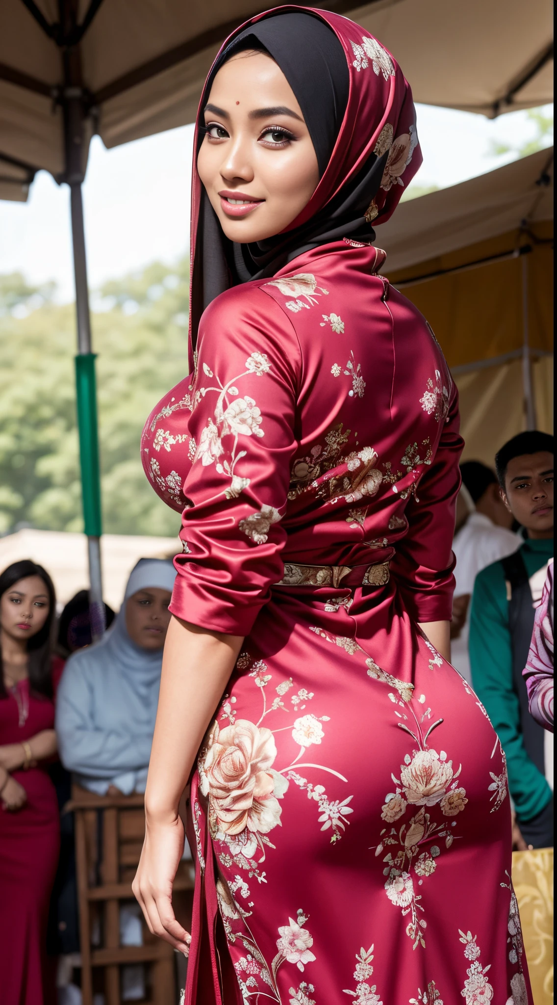 RAW, Best quality, high resolution, masterpiece: 1.3), beautiful Malay woman in hijab (iu:0.8),woman standing on the market, beautiful design, wearing a beautiful tight baju kurung, beautiful clothes, very beautiful style, floral patterned dress, beautiful masterpiece, beautiful dress, wearing a graceful dress, very beautiful masterpiece, fine details, beautiful dress, full dress closed, very beautiful and graceful, very detailed, big breasts,big round buttocks, from behind, (looking at the audience, looking back, facial details, double eyelids, smiling)