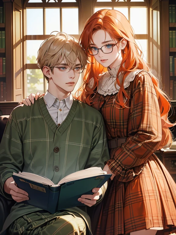 (absurdres, highres, ultra detailed)(couple wearing brown plaid uniform, reading book together in the library)(1 female, 1 male),(1 female with red-orange hair, long wavy hair without bangs, green eyes)(1 male with short white hair, blue eyes, wearing eyeglasses, )(background: warm lighting from windows, victorian library)