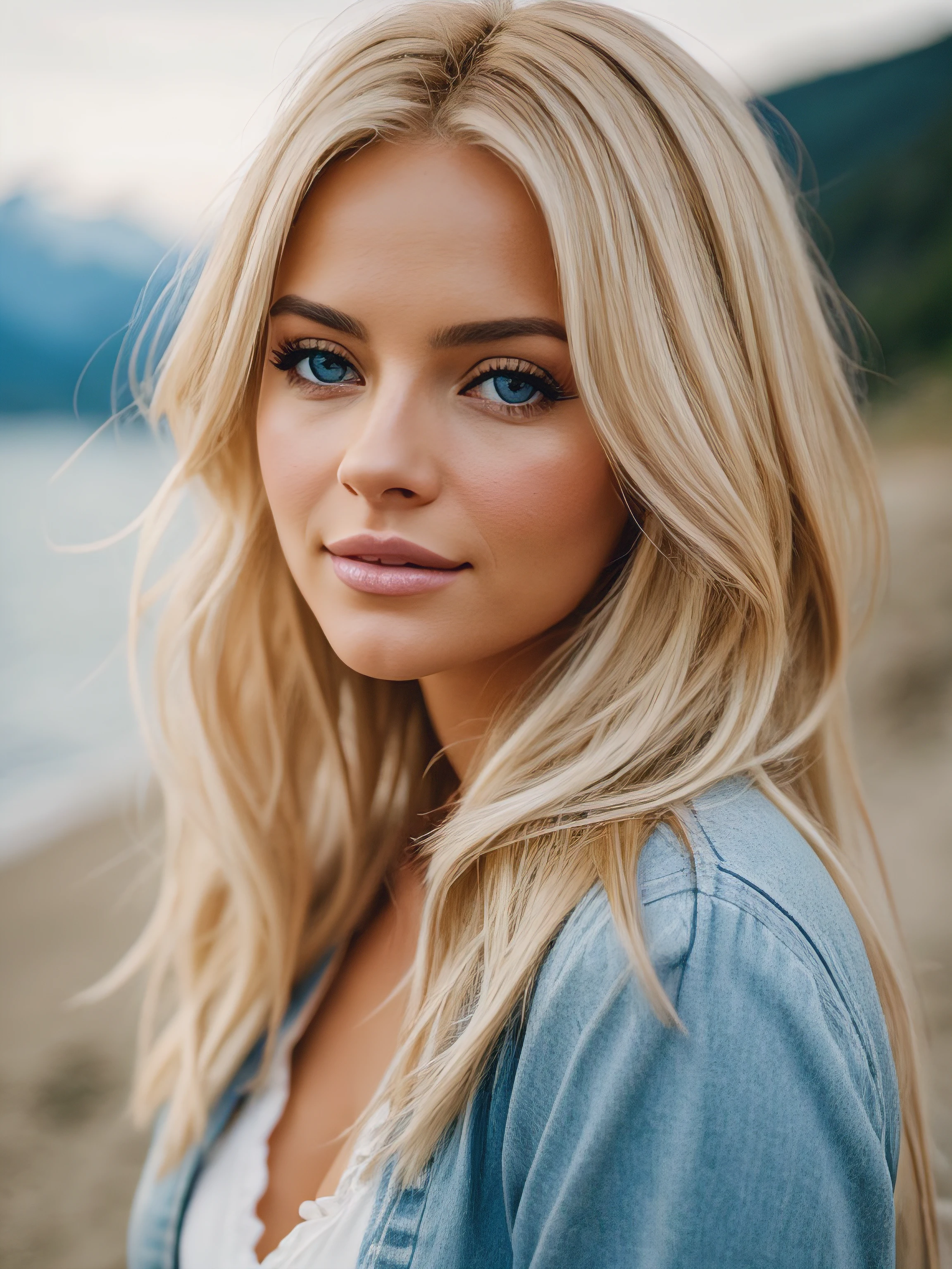 Photorealistic of a insanely beautiful woman with blonde windy messy hair, in the style of panasonic lumix s pro 50mm f/1.4, light beige and dark azure, celebrity images mashups, soft realism, barbiecore, 32k uhd, luminous quality, swiss realism, niji 5