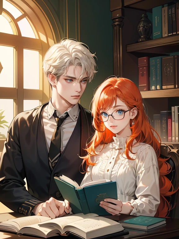 (absurdres, highres, ultra detailed)(couple wearing casual clothes, reading book together in the library)(1 female, 1 male),(1 female with red-orange hair, long wavy hair without bangs, green eyes)(1 male with short white hair, blue eyes, wearing eyeglasses, )(background: warm lighting from windows, victorian library)