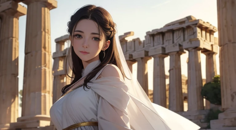 (top-quality、hight resolution、masterpiece)、((Watercolor in Sargent style))、(David Hamilton Style)、(softfocus)、ancient greek scene 、The world of Bilitis songs、(greek female bard)、20yr old、美丽的面容、Well-formed eyes and nose、Bewitching smile、Detailed depiction of the face、Classic hairstyles、dramatic pose、Beautiful figure、detail portrayal、(ancient greek clothes)、(White tunic)、greek toga、Cinematic scenes、ciinematic light、softlight、raytrace、luminous sky、greek architecture columns、greek pine、(nostalgia)、classic vibes、Blur the background、