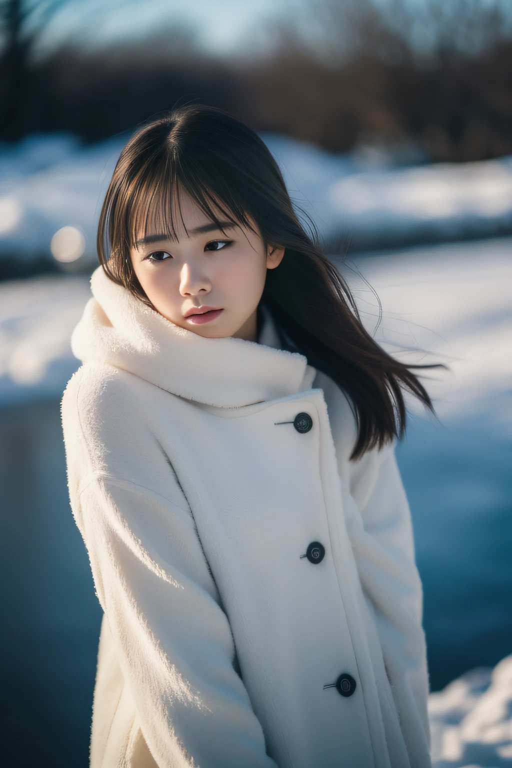 (masterpiece、top-quality、high-level image quality、ultra res,in 8K), (Raw foto:1.2), (Photorealsitic:1.4), (beautiful a girl,Sexy actress,japanes、cute little、Alone),Woman in anguish and despair,Beautiful and tender photo of tired woman with body and mind、年轻、Winter Outfit、The emotional landscape reflects her spirit、Cold wind blows、Winters、jpn、professional photograpy、