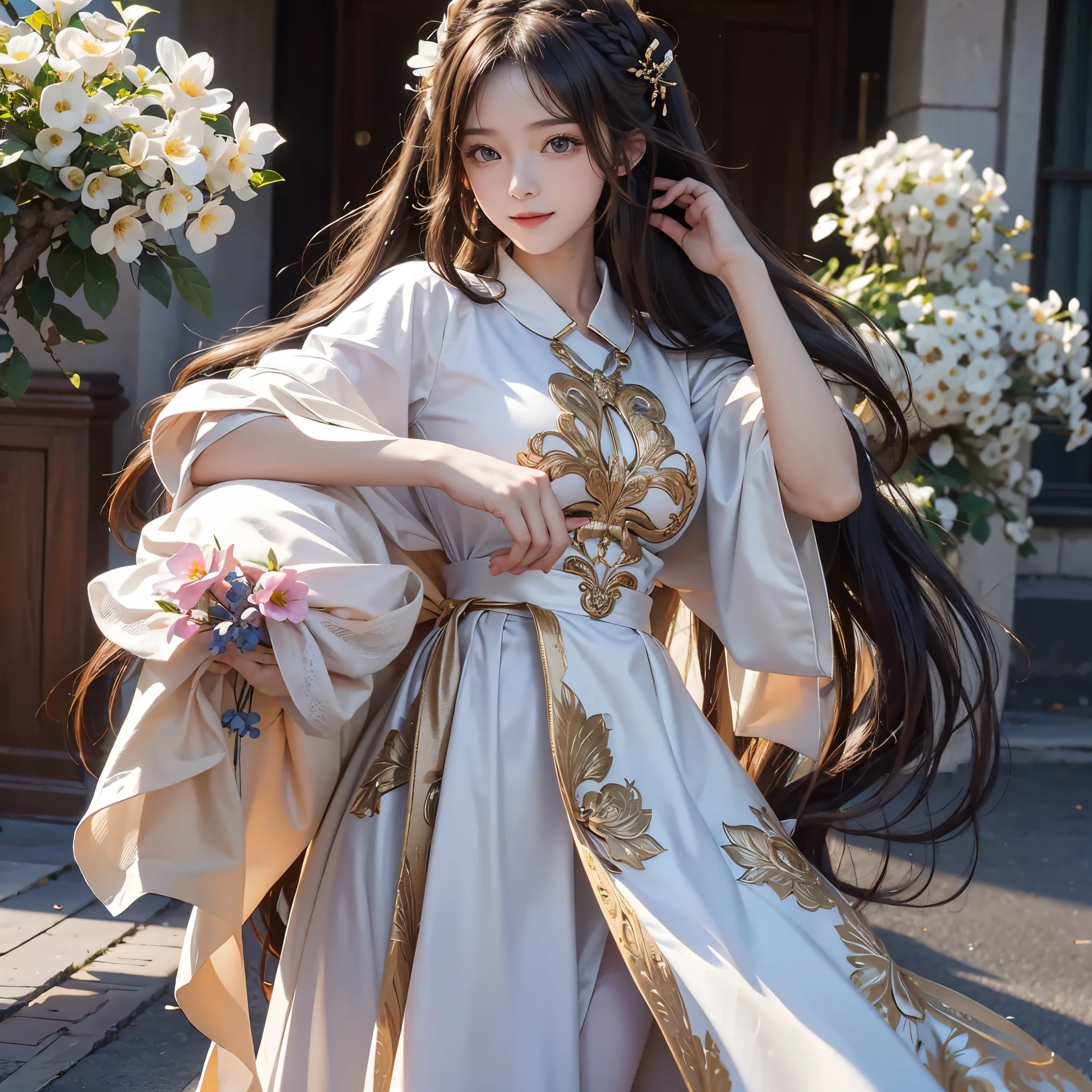 8K Ultra HD, masutepiece, Best Quality, beautiful Girl, Long hair, Impressive hairstyle, beautiful hair decoration, 17 years old girl, ssmile, A sexy, large boob, lighting like a movie