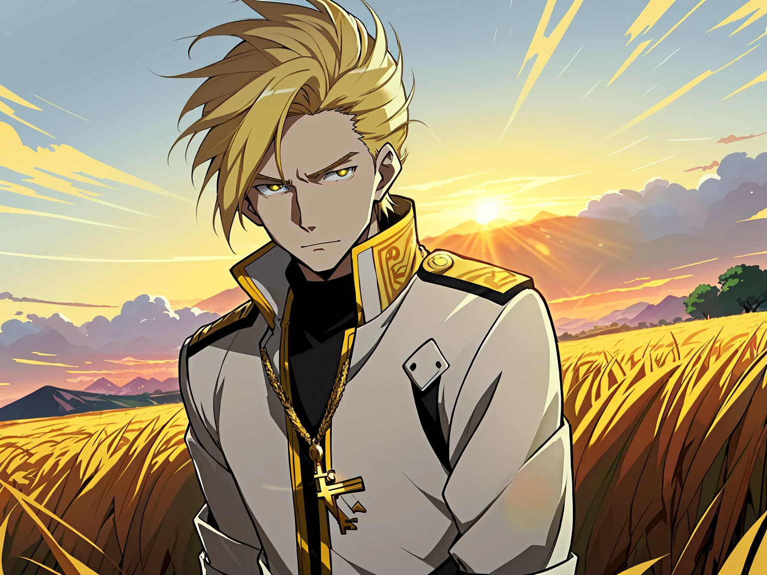 Handsome cartoon man in rye field against sunrise background,Blonde hair,yellow-eyed,A kind expression,Manteau blanc,Gold trim, Anime handsome avatar,with a sacred feeling,Official illustration, offcial art, young anime man, Key anime art