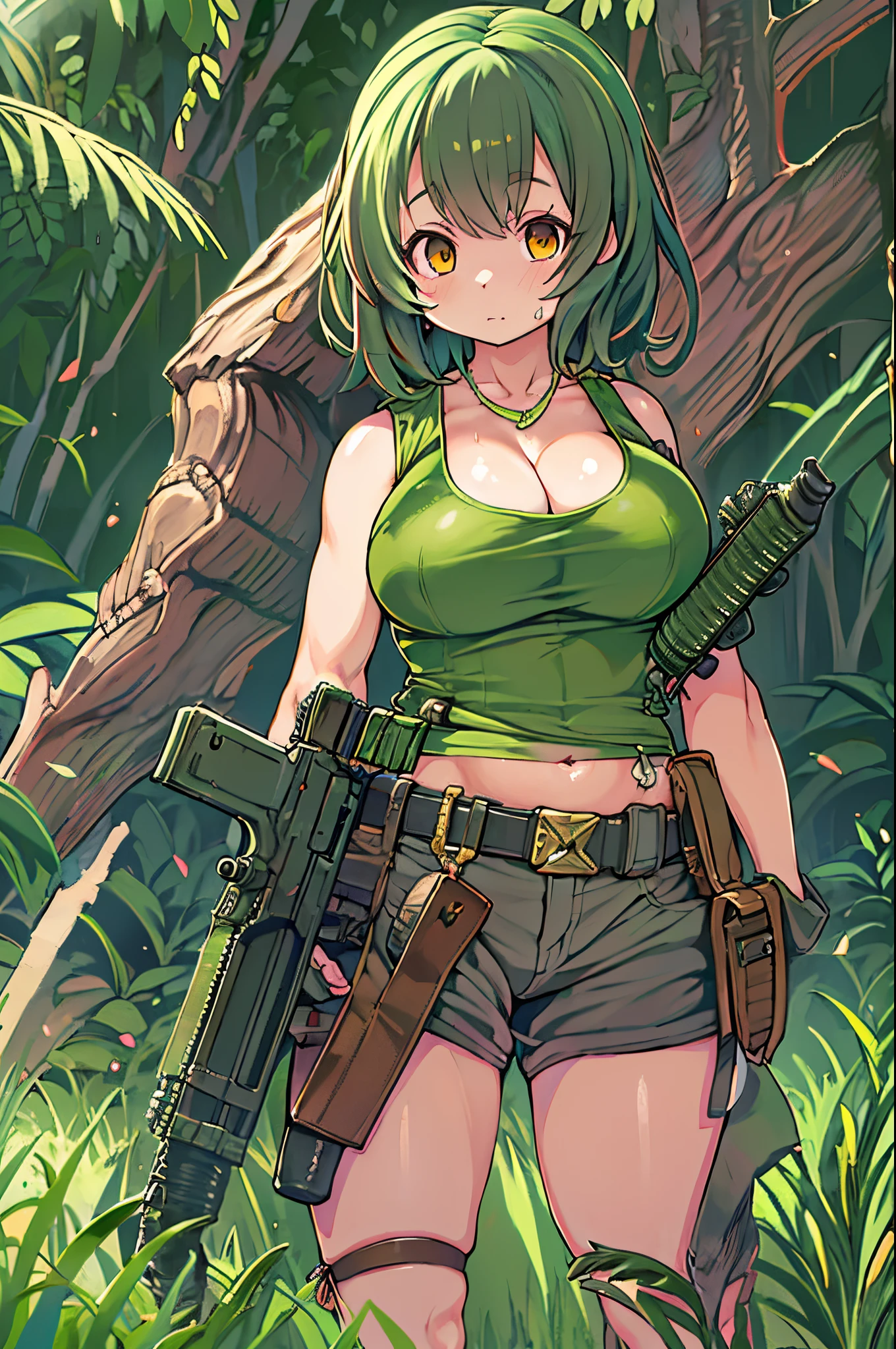 masutepiece、A 20-year-old woman wearing a green tank top holds a gun in a field., cute girl wearing a tank suit, gorgeous jungle ranger, large breasts size, with large breasts, forest hunter lady, with a big chest, Half body shot, Carrying a gun, Thick jungle, Carrying a rifle, Carrying a gun, Militarism!!!, Covered SFW huge breasts, SFW huge breasts、 anime moe art style