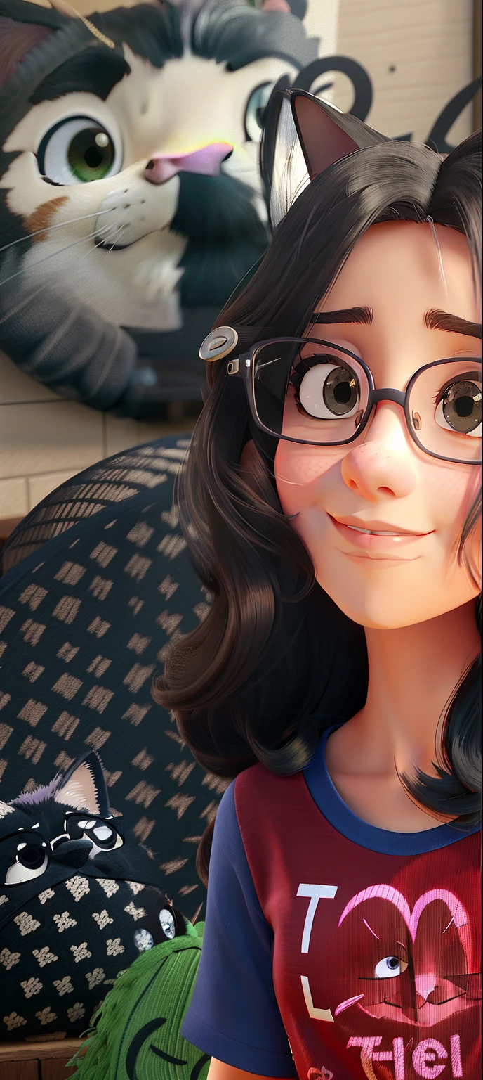 Beautiful woman, 40 anos, cabelo castanho liso, olhos castanhos escuros, glasses, vestindo uma camiseta com um gato desenhado nela