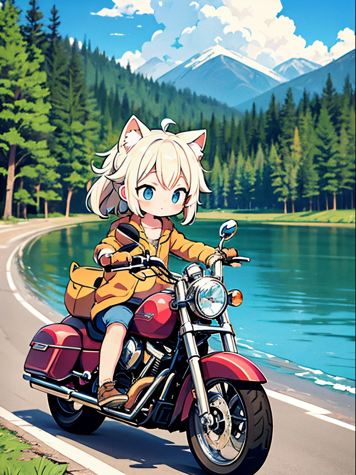 A masterpiece, a detailed background, and a "Yuru Camping" inspired wide illustration with a simple, light use that highlights a kitten girl. She is fishing on a lake, with a Harley-Davidson Electra Glide™ Highway King parked next to her.